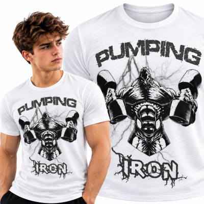 KOSZULKA NA SIŁOWNIĘ  PUMPING IRON BIAŁA